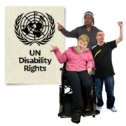 A UN Disability Rights poster with three people with disabilities pointing to it