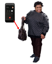 A woman is holding her handbag up. Next to her is a picture of a mobile phone with an arrow going to her bag