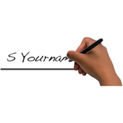 A hand holding a pen writes a signature along a line