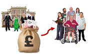 A council building with people standing outside it and a sack of money beside an arrow pointing to social care workers