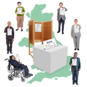 A map of the UK with people standing around it showing their plans for change. In the middle is a voting booth, a ballot paper and a ballot box
