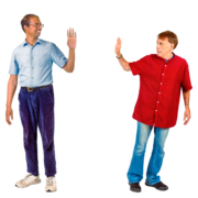 Two men walking in opposite directions waving goodbye to each other