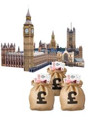 A picture of the Houses of Parliament next to three large sacks of money
