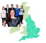 A young woman with Down syndrome stands in front of a care team next to a map of England
