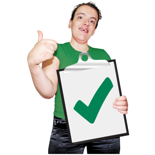A woman holding up a clipboard with a green tick on it. Her other hand is raised with her thumbs up