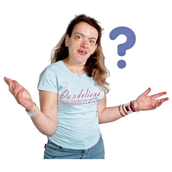 A woman holding out her arms with her palms upwards with a question mark beside her