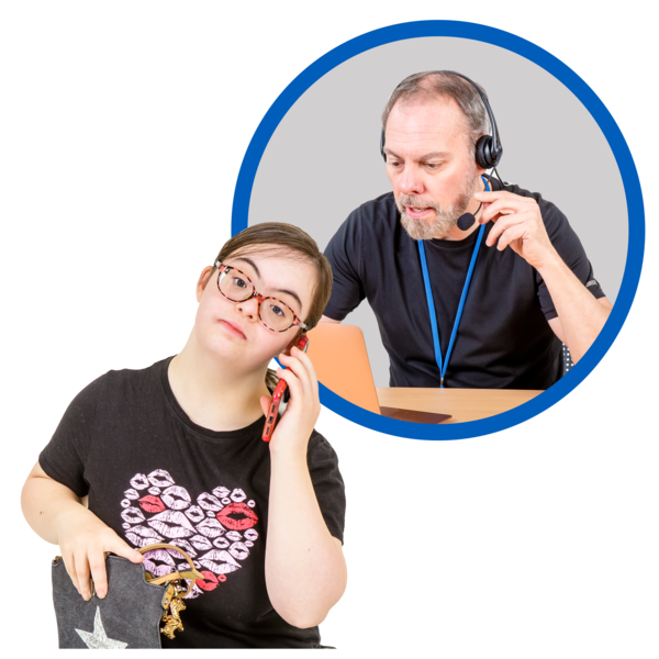 A girl with Down's Syndrome is speaking to a person in a helpline on a mobile phone