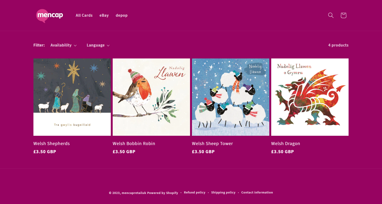 A screen shot of the 4 different designs in our 2023 Welsh Christmas cards collection