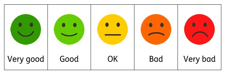 A table showing 5 faces whose expressions go from very happy to very sad