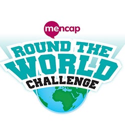 Logo with cartoon globe and text above reading "Mencap Round the World Challenge".