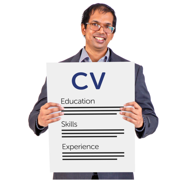 A man holding up a form which says CV