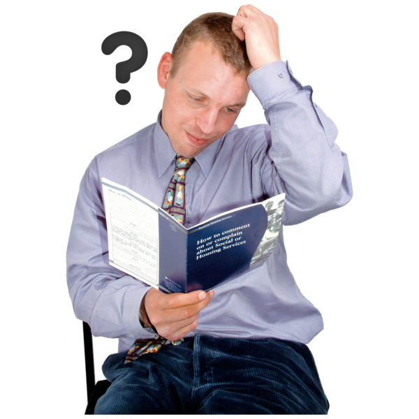 A man scratching his head trying to read a book. Beside him is a question mark.