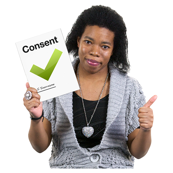 A woman holding up a consent paper with a green tick and her thumbs up
