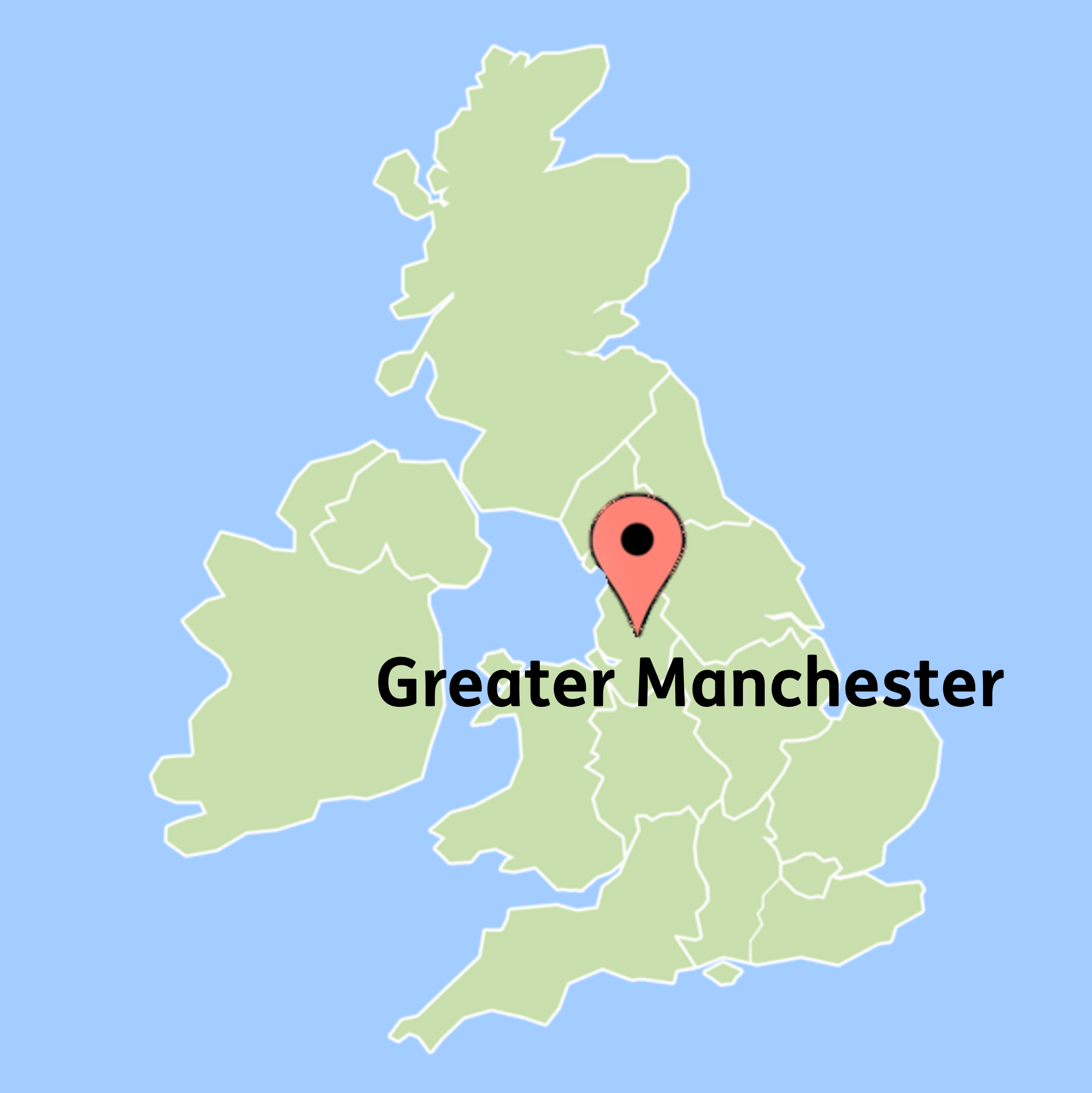 A map of the UK with a map pin on Greater Manchester