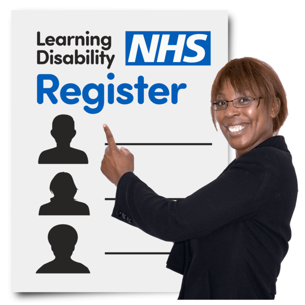 A woman pointing to a learning disability register with peoples names on it