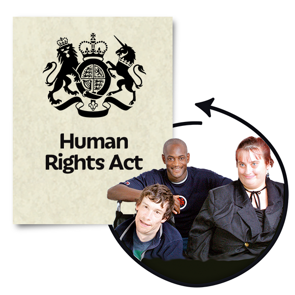 Three people next to a leaflet about the Human Rights Act
