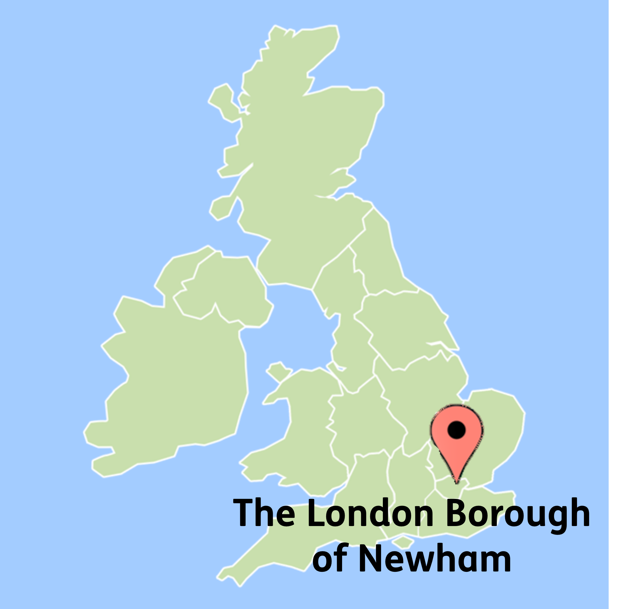 A map of the UK with a map pin on The London Borough of Newham