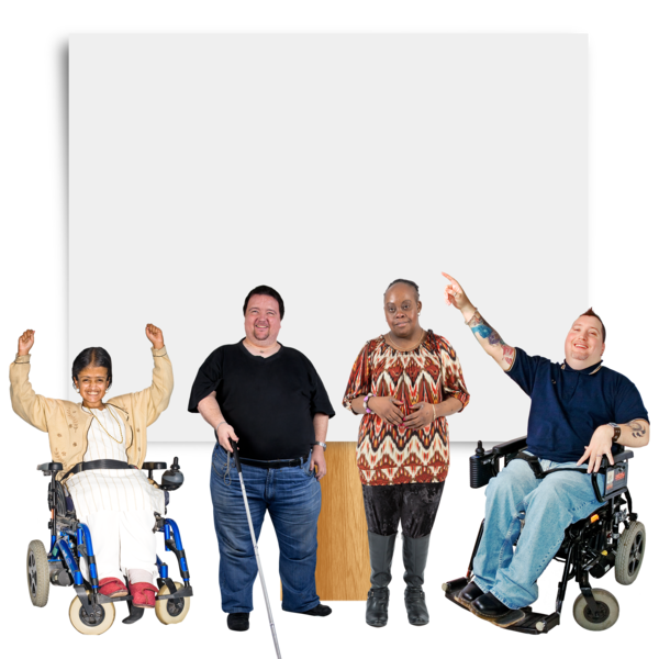 A group of people with disabilities in front of a large poster