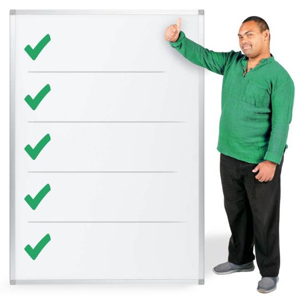 A man with his thumbs up next to a list which has green ticks