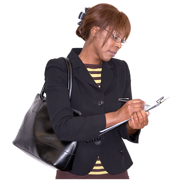 A woman with a clipboard writing down something