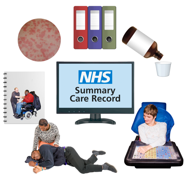 The words Summary Care Record are in the middle of a circle of photographs showing; medicine, an injured person, files of paper, a book and a person in a wheelchair 