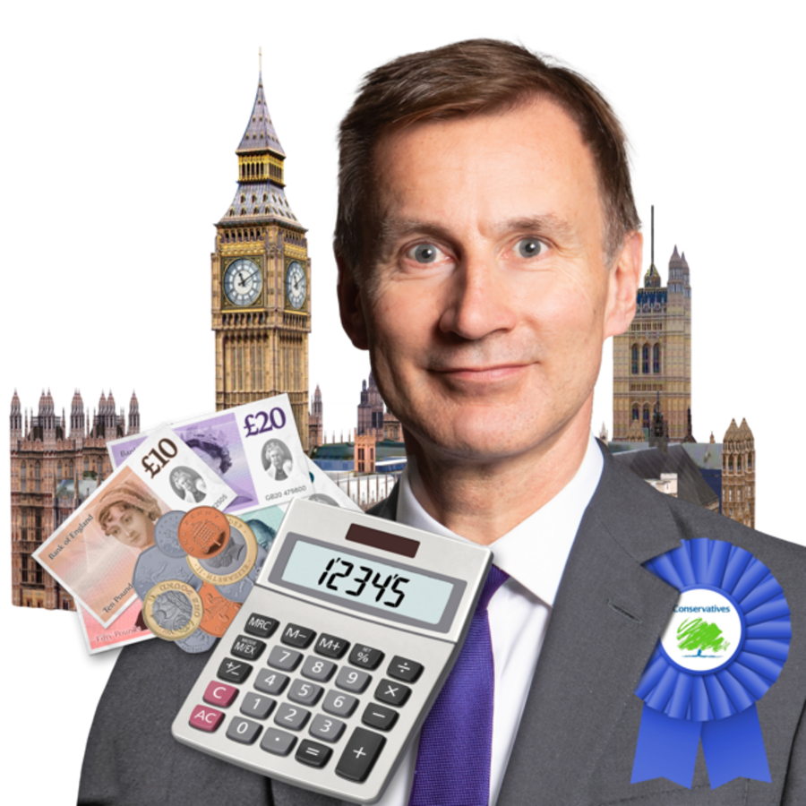 The Chancellor of the Exchequer with money next to him and the Houses of Parliament behind him