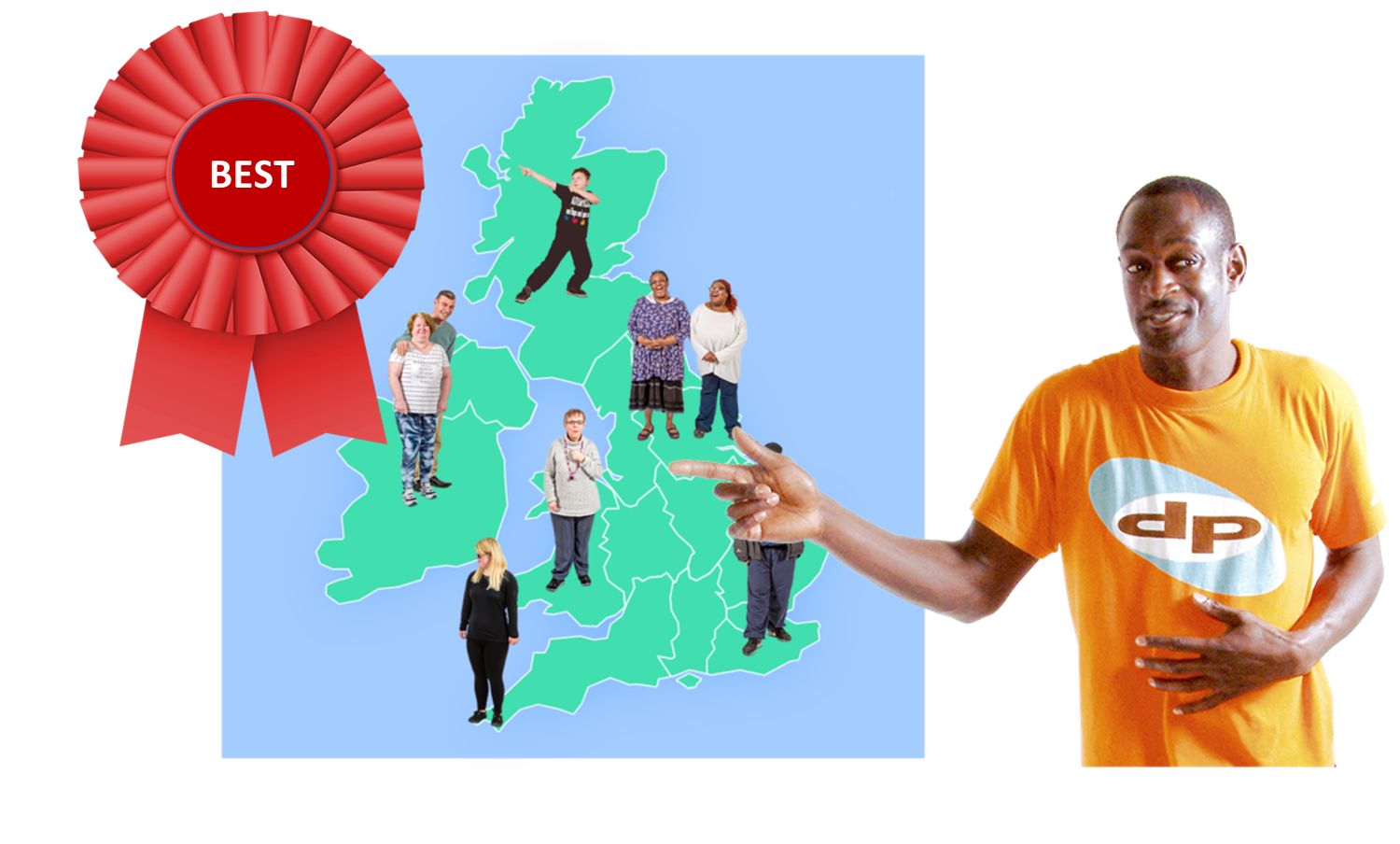 A man pointing to a map of the UK which shows people standing on the map. There is a red rosette on the map which says 'Best'
