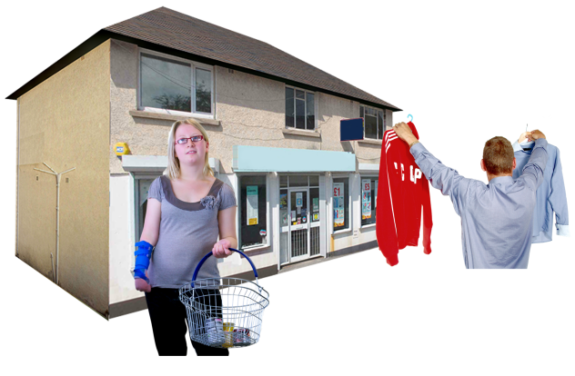 A picture of a shop with a person outside holding up their old clothes for a donation and another person with a shopping basket