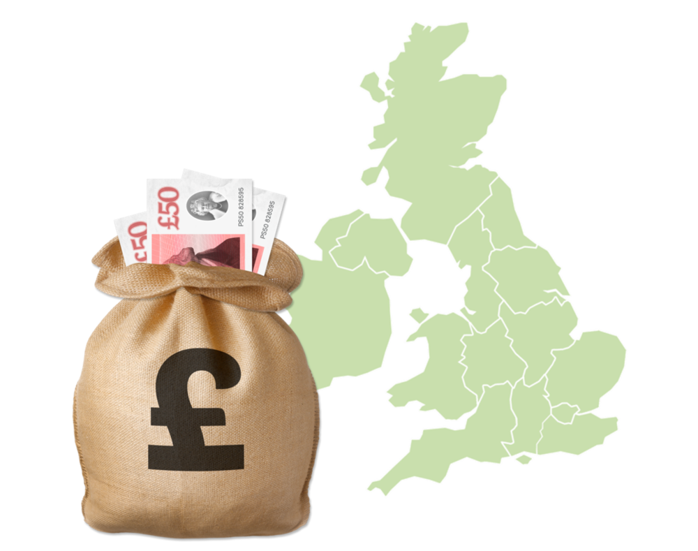 A map of the UK with a sack of money beside it