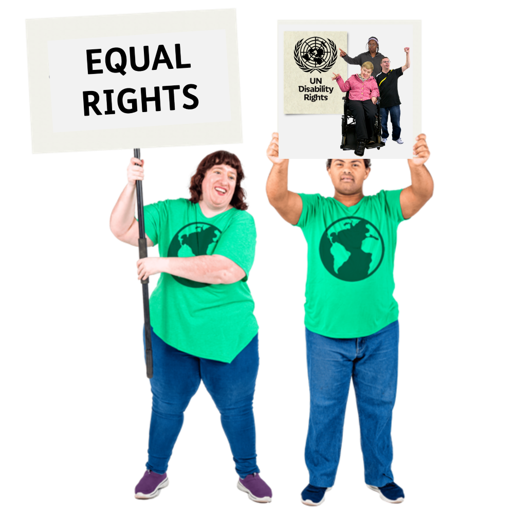 Two people holding up campaign signs for equal rights