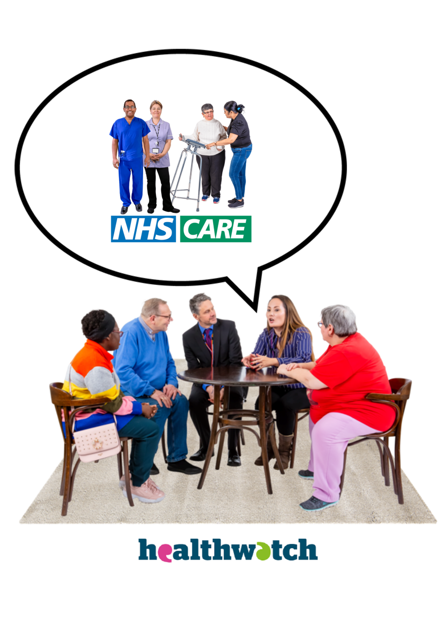 A group of people sitting around a table. Everyone is listening to someone talking about health and care 