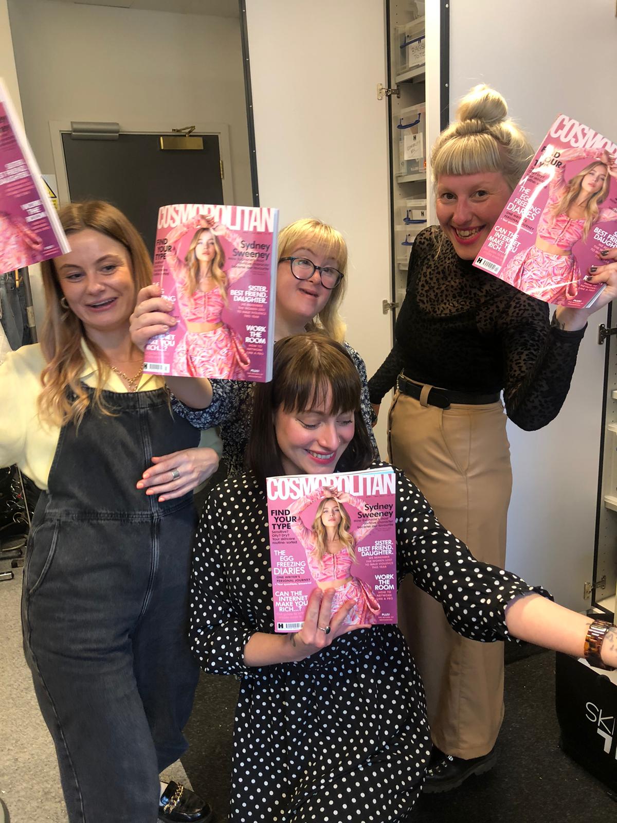 Sophie looks at a previous issue of Cosmopolitan magazine and goes on a tour of the office with Cosmo writer, Alice, her sister Emily and some of the team from Mencap