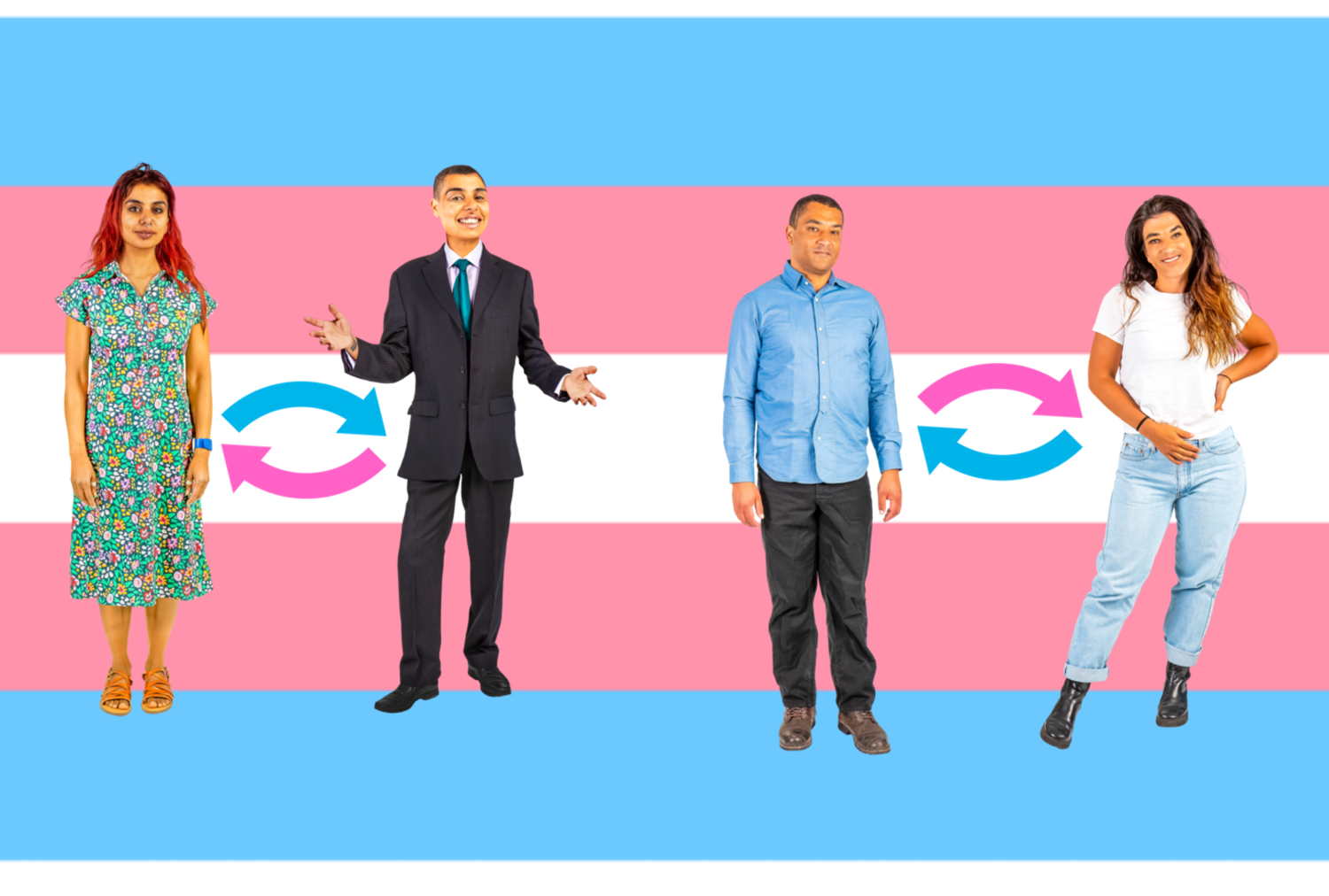 A woman next to a man, and a man next to a woman, with the transgender flag behind them