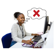 receptionist sitting at a PC screen with a think bubble showing she doesn't understand