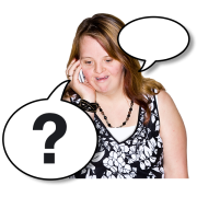 A woman on the phone with a question mark in a speech bubble