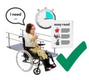 a woman in a wheelchair with symbols of reasonable adjustments around her. For example an easy read leaflet