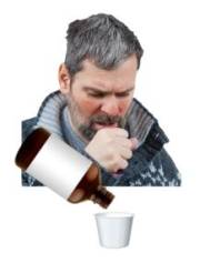 A man coughing and a medicine bottle being poured into a measuring cup