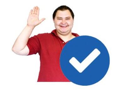 A man with his hand raised and a tick symbol in front of him