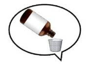 A medicine bottle pouring medicine into a measuring cup within a speech bubble.