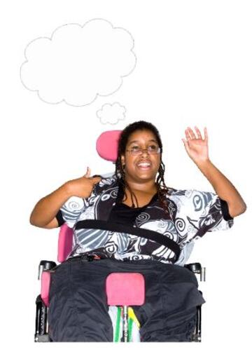A woman in a wheel chair with her hand raised thinking about something