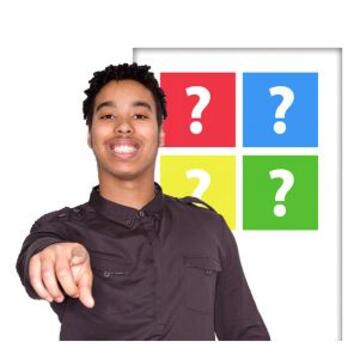 A man pointing at the camera with question mark symbols behind him