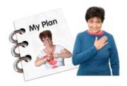 A woman with her hand on her heart next to a My Plan book