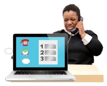 A woman on the phone next to a computer with an easy read message on the screen