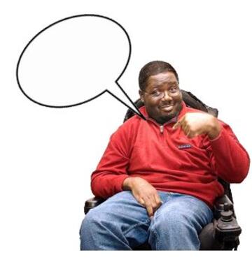 A man in a wheelchair pointing to himself with a speech bubble