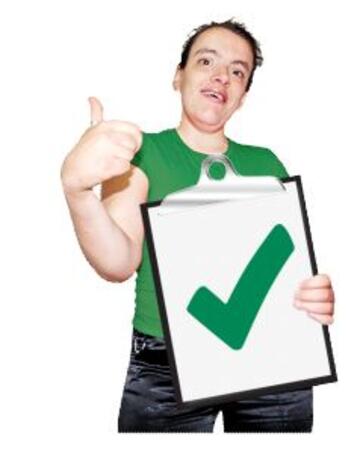 A man with his thumbs up holding a clipboard with a tick on it