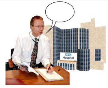A doctor with a speech bubble with a hospital behind him