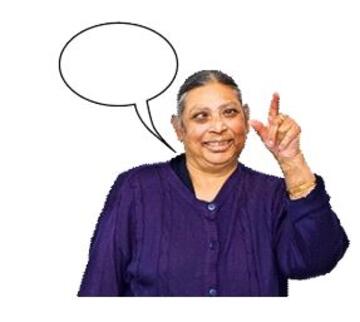 A woman with her hand raised to ask a question