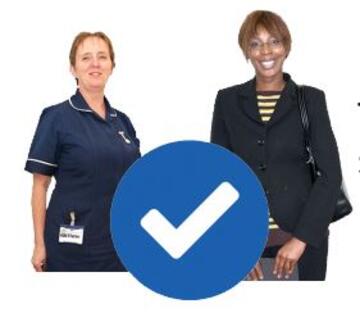A nurse and another healthcare person with a tick symbol between them