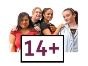 A group of women in front of a 14+ sign
