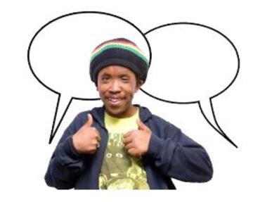 a man with his thumbs up and two speech bubbles around him